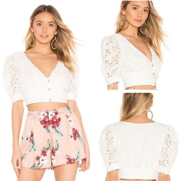 Majorelle Eyelet Krina Crop Top XS White Button Up Puff Sleeve Rockabilly Boho - Picture 1 of 15